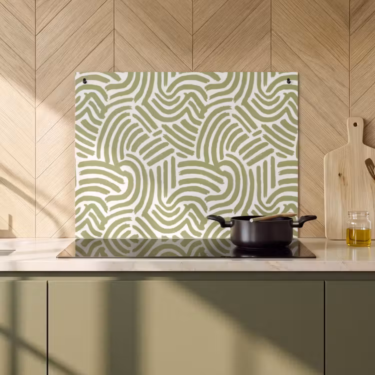 Inductiebeschermer & spatscherm (2in1) - Saliegroen - Abstract - Bogen - Handgetekend - Patroon — 2