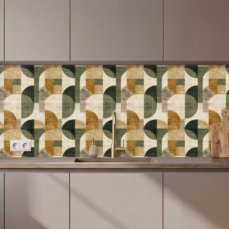 Keuken achterwand - Olijfgroen - Geometrisch - Abstract - Mid-Century - Linnen - Patroon — 1