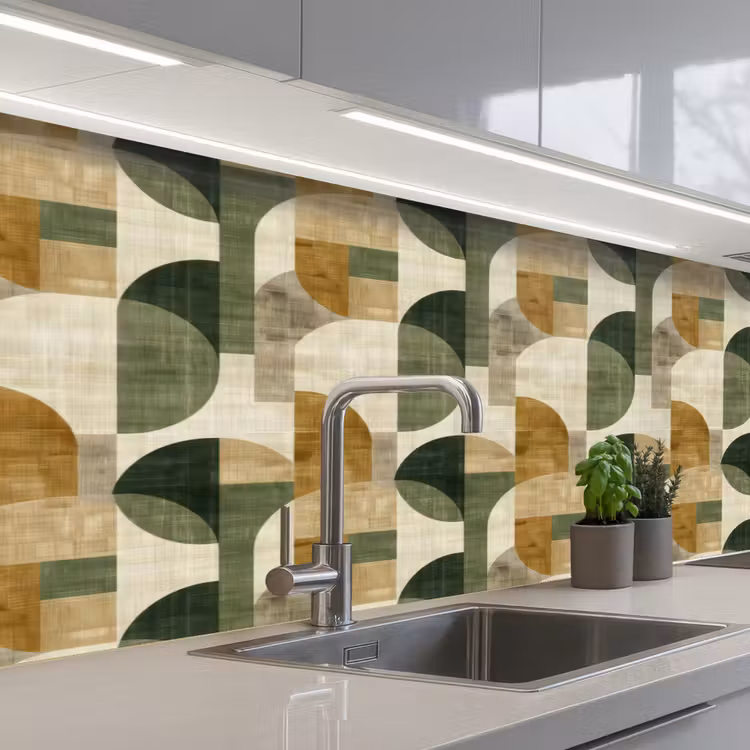 Keuken achterwand - Olijfgroen - Geometrisch - Abstract - Mid-Century - Linnen - Patroon — 2