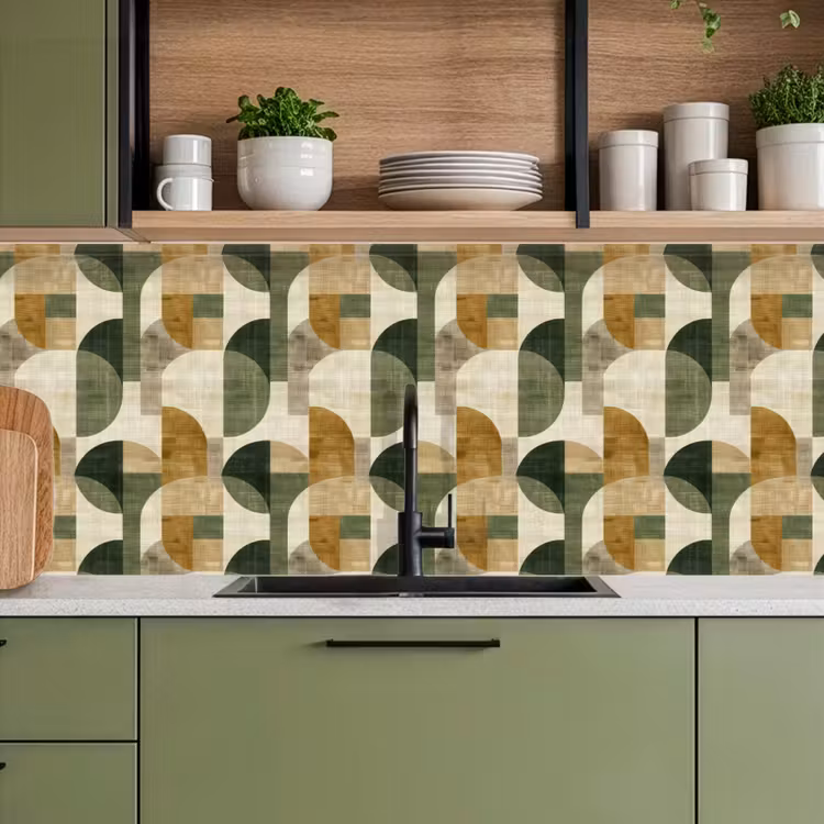 Keuken achterwand - Olijfgroen - Geometrisch - Abstract - Mid-Century - Linnen - Patroon — 8