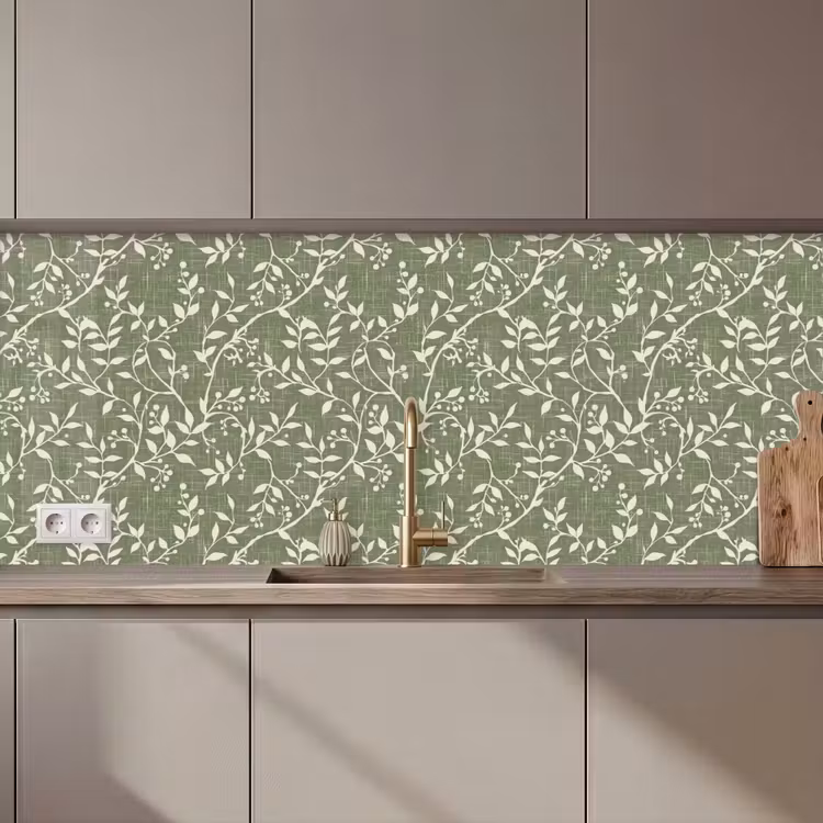 Keuken achterwand - Saliegroen - Botanisch - Takken - Besjes - Linnen - Patroon — 1