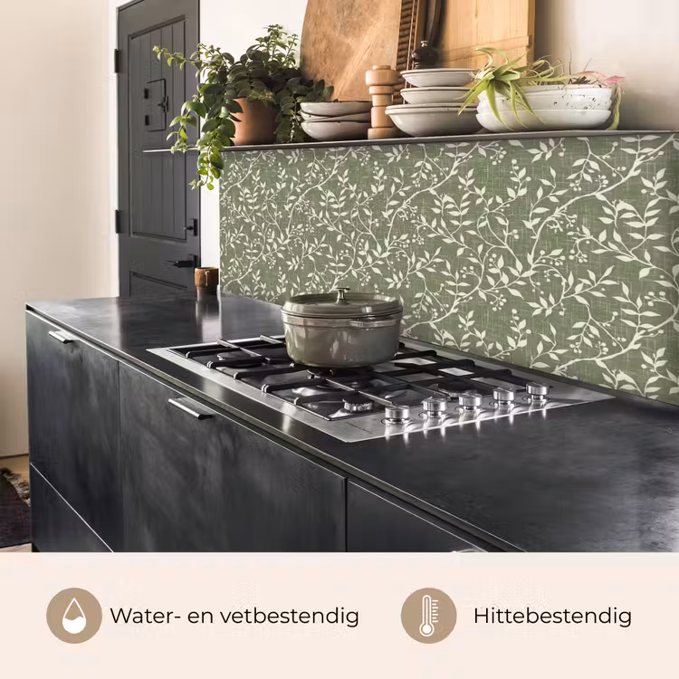 Keuken achterwand - Saliegroen - Botanisch - Takken - Besjes - Linnen - Patroon — 5