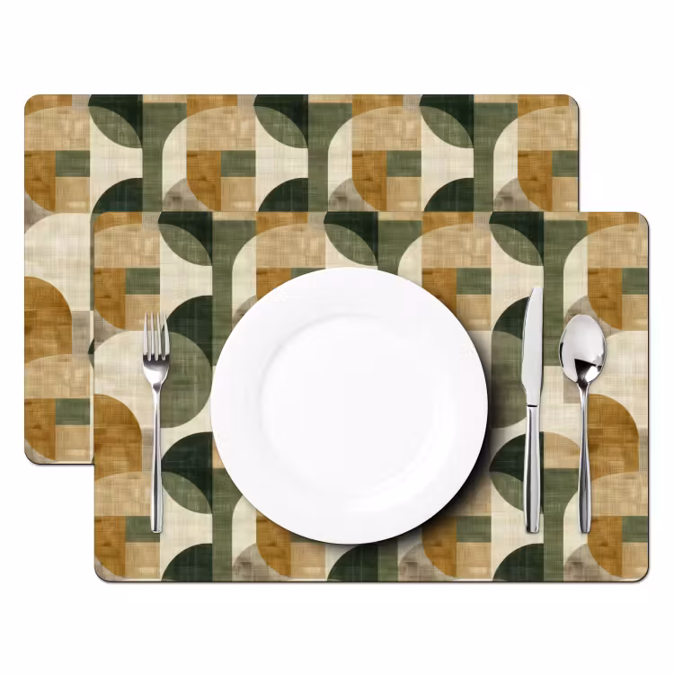 Placemat - 6 stuks - Olijfgroen - Geometrisch - Abstract - Mid-Century - Linnen - Patroon — 2