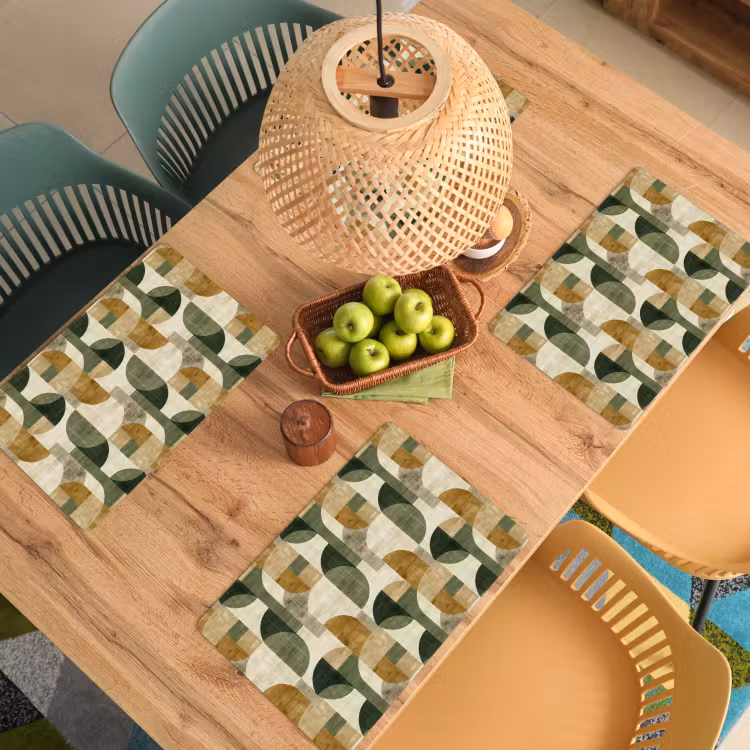 Placemat - 6 stuks - Olijfgroen - Geometrisch - Abstract - Mid-Century - Linnen - Patroon — 6
