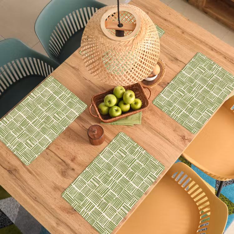 Placemat - 6 stuks - Saliegroen - Blokken - Handgetekend - Patroon — 6