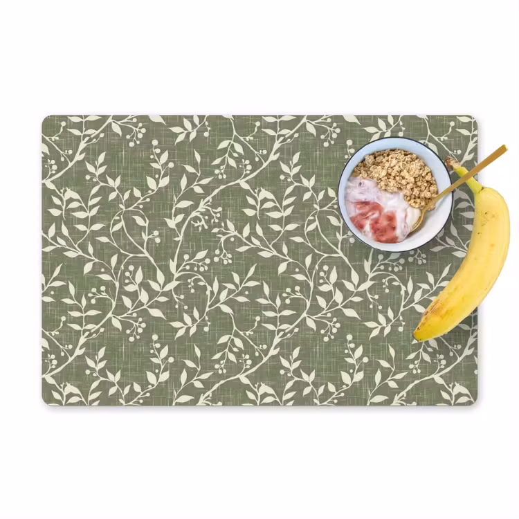 Placemat - 6 stuks - Saliegroen - Botanisch - Takken - Besjes - Linnen - Patroon — 1