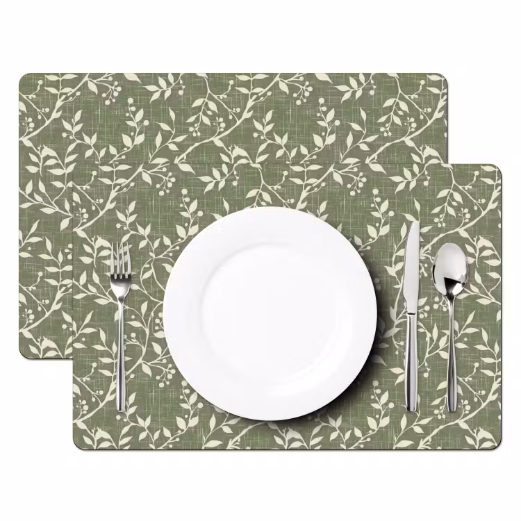 Placemat - 6 stuks - Saliegroen - Botanisch - Takken - Besjes - Linnen - Patroon — 2