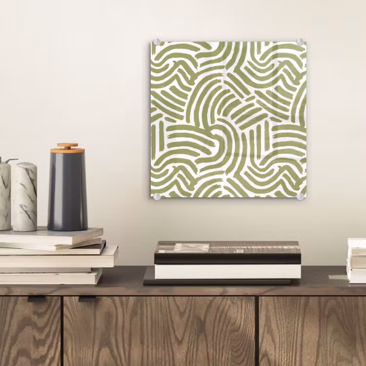 Glas schilderij - Saliegroen - Abstract - Bogen - Handgetekend - Patroon — 2