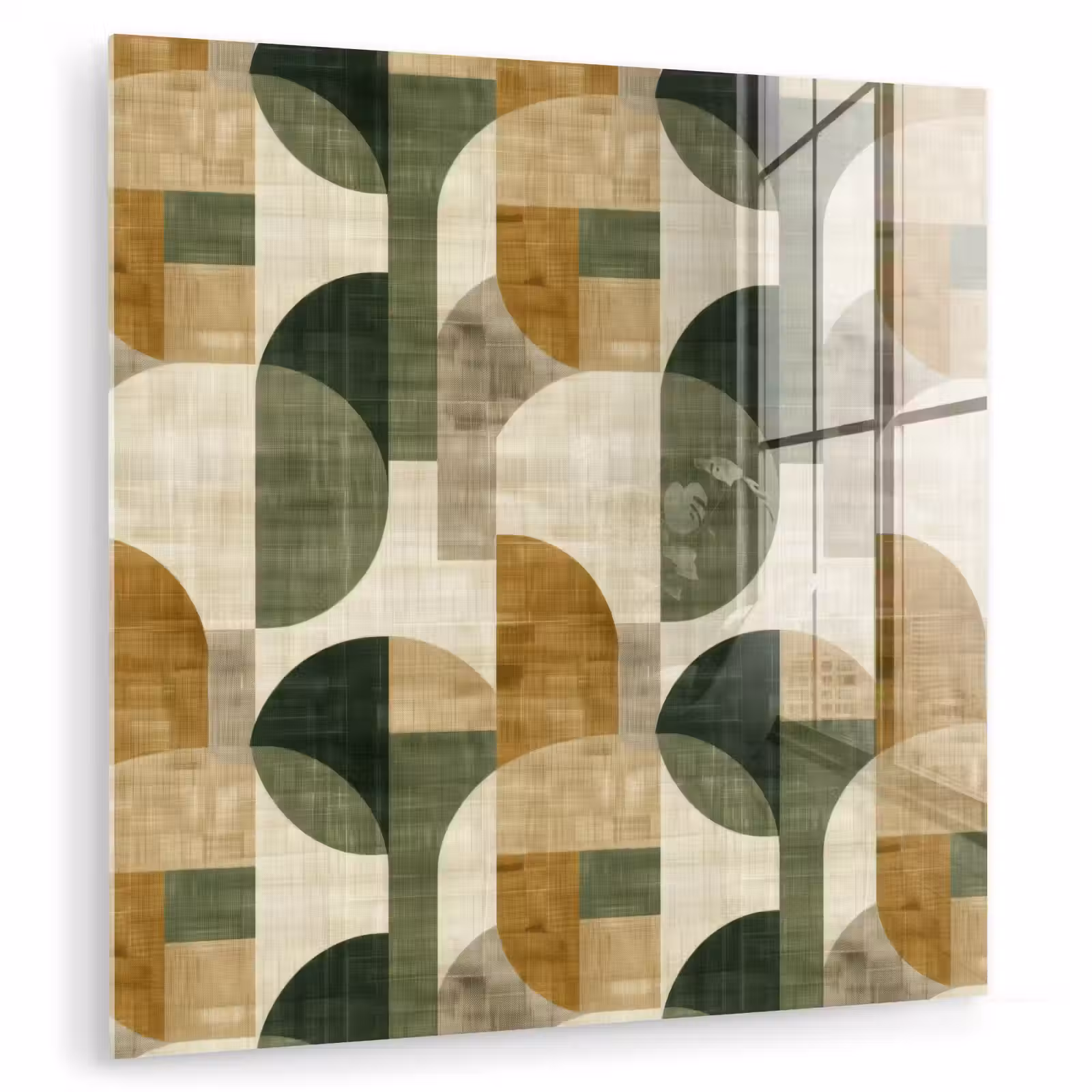 Glas schilderij - Olijfgroen - Geometrisch - Abstract - Mid-Century - Linnen - Patroon — 1