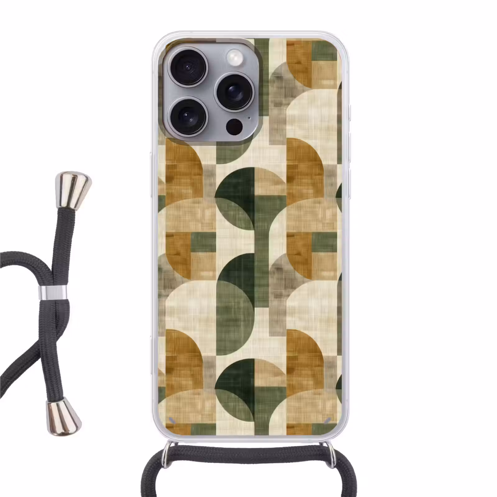 Telefoonhoesje met koord - Olijfgroen - Geometrisch - Abstract - Mid-Century - Linnen - Patroon — 1