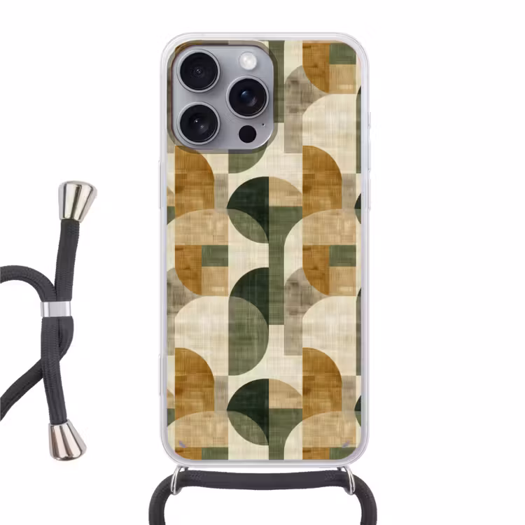 Telefoonhoesje met koord - Olijfgroen - Geometrisch - Abstract - Mid-Century - Linnen - Patroon — 1