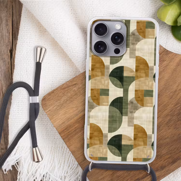 Telefoonhoesje met koord - Olijfgroen - Geometrisch - Abstract - Mid-Century - Linnen - Patroon — 3