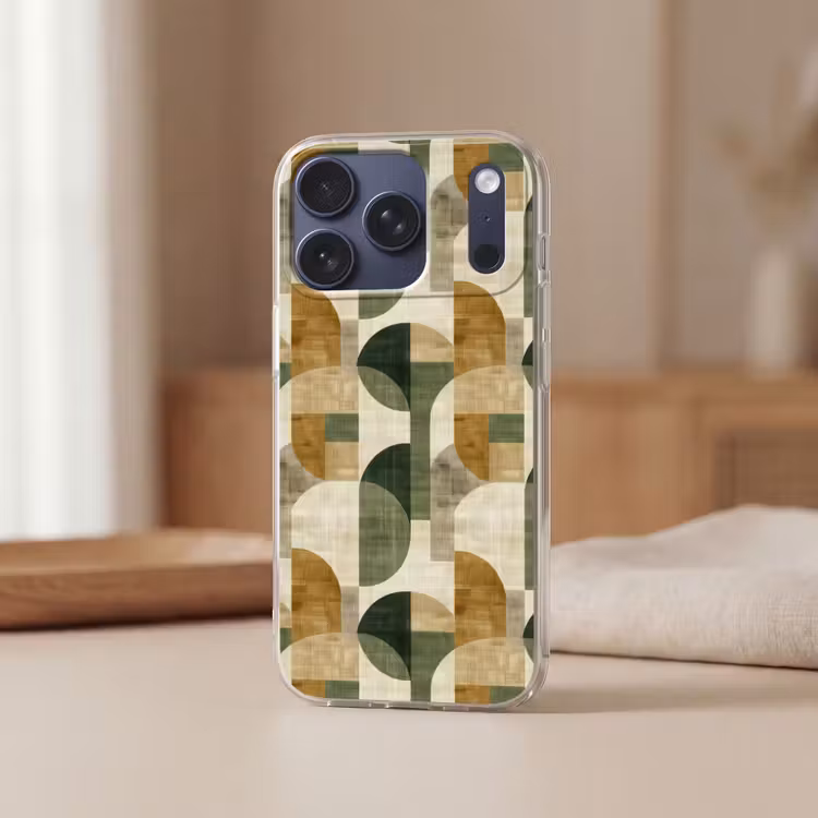 Telefoonhoesje - Olijfgroen - Geometrisch - Abstract - Mid-Century - Linnen - Patroon — 3