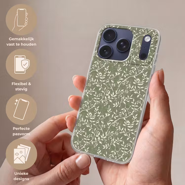 Telefoonhoesje - Saliegroen - Botanisch - Takken - Besjes - Linnen - Patroon — 4