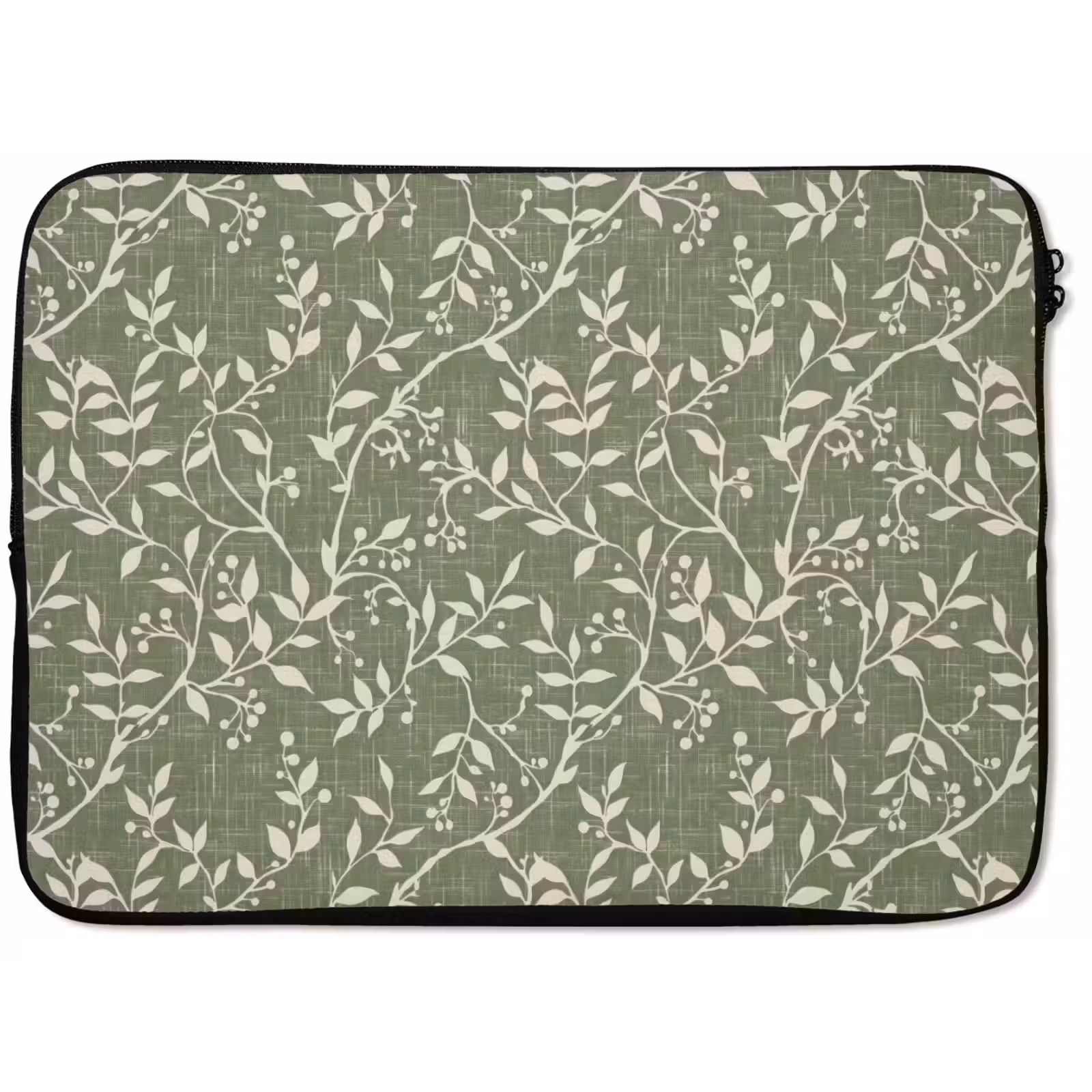 Laptophoes Saliegroen - Botanisch - Takken - Besjes - Linnen - Patroon — 1