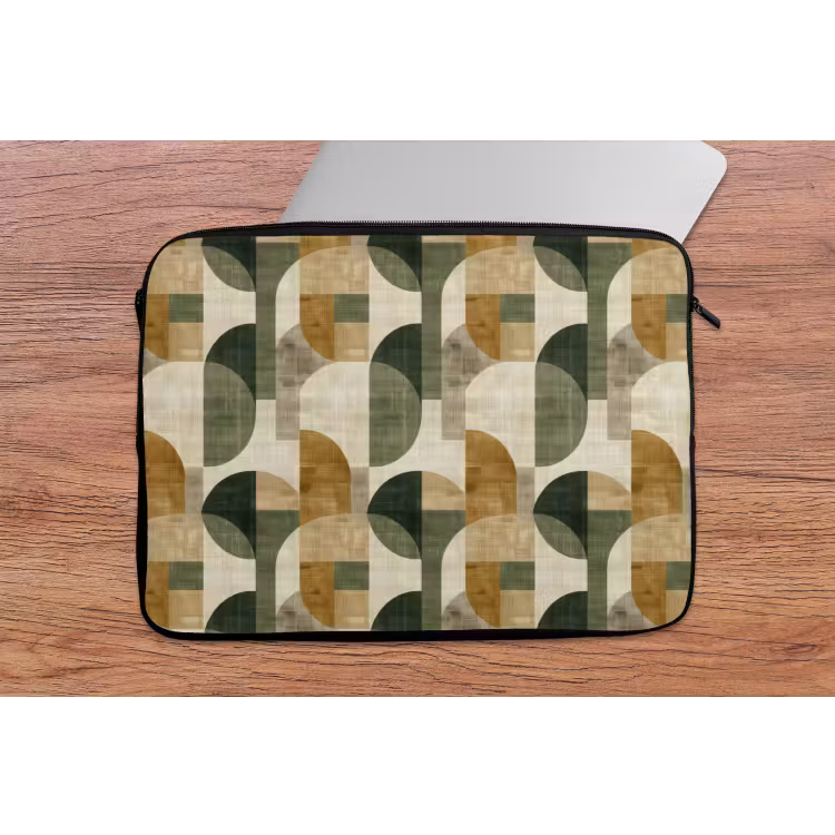 Laptophoes Olijfgroen - Geometrisch - Abstract - Mid-Century - Linnen - Patroon — 2