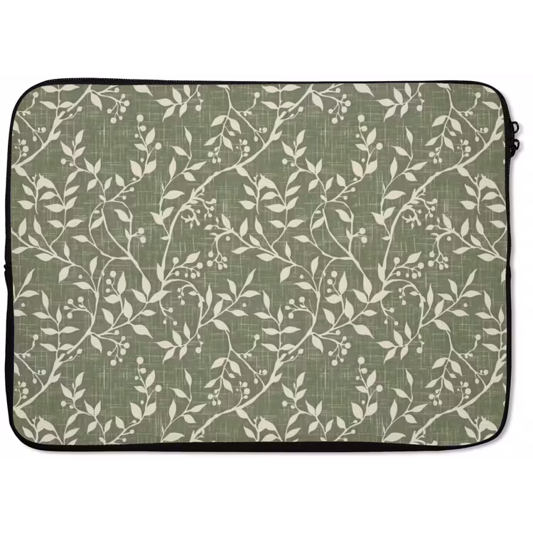Laptophoes Saliegroen - Botanisch - Takken - Besjes - Linnen - Patroon — 1