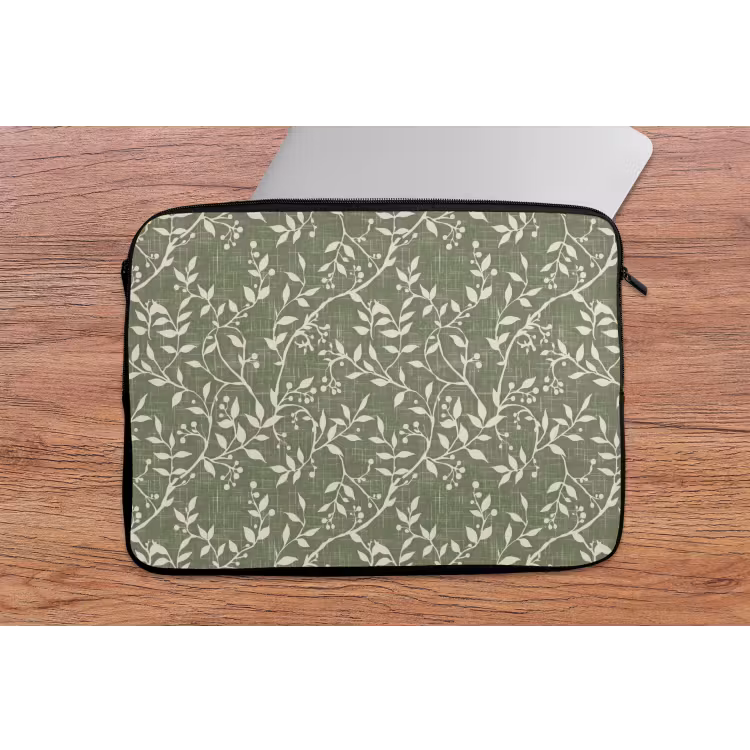 Laptophoes Saliegroen - Botanisch - Takken - Besjes - Linnen - Patroon — 2