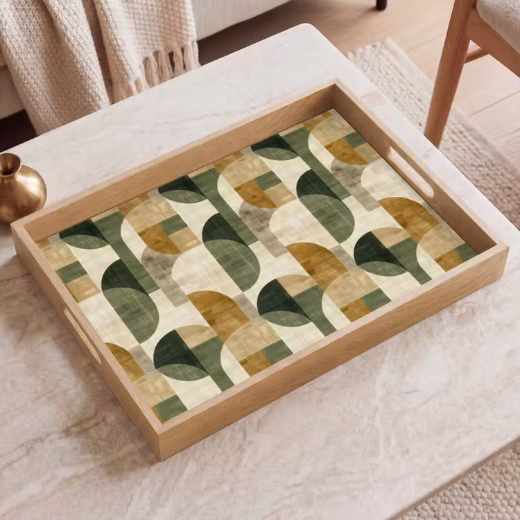 Dienblad - Olijfgroen - Geometrisch - Abstract - Mid-Century - Linnen - Patroon — 2