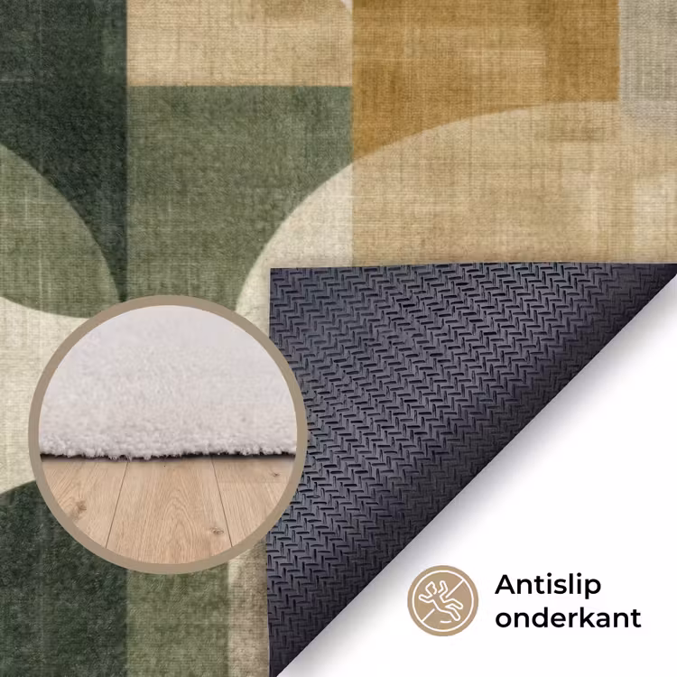 Vloerkleed - Olijfgroen - Geometrisch - Abstract - Mid-Century - Linnen - Patroon — 4