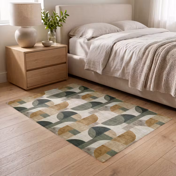 Vloerkleed - Olijfgroen - Geometrisch - Abstract - Mid-Century - Linnen - Patroon — 5