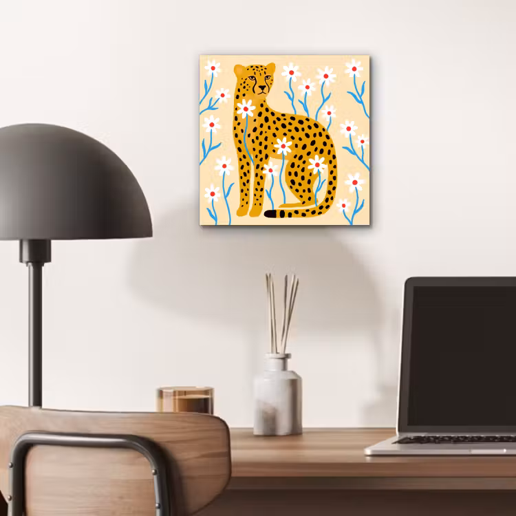 Aluminium schilderij - Dieren - Jachtluipaard - Bloemen - Modern - Geel — 6