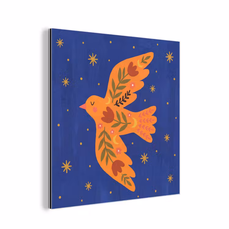 Aluminium schilderij - Vogel - Bloemen - Decoratief - Oranje - Blauw — 1