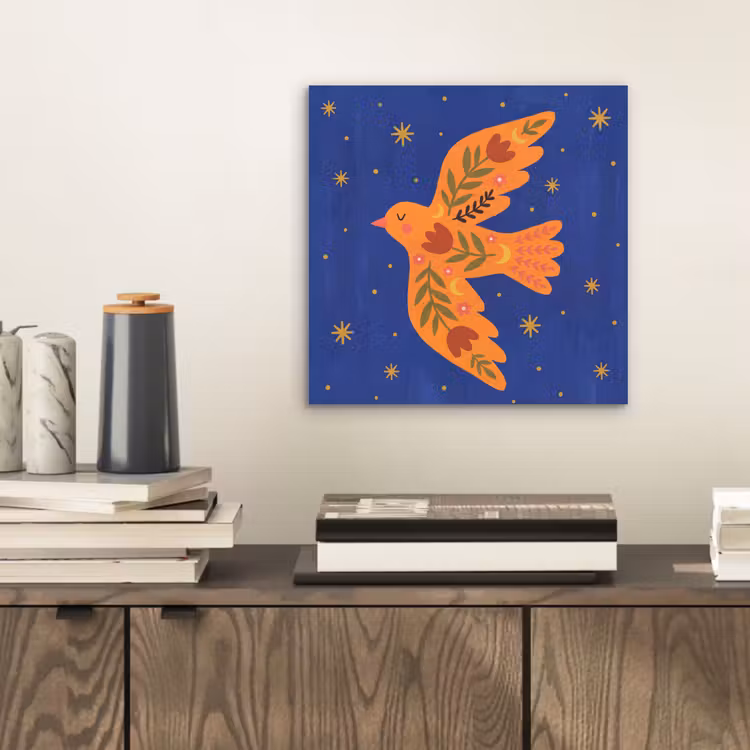 Aluminium schilderij - Vogel - Bloemen - Decoratief - Oranje - Blauw — 2