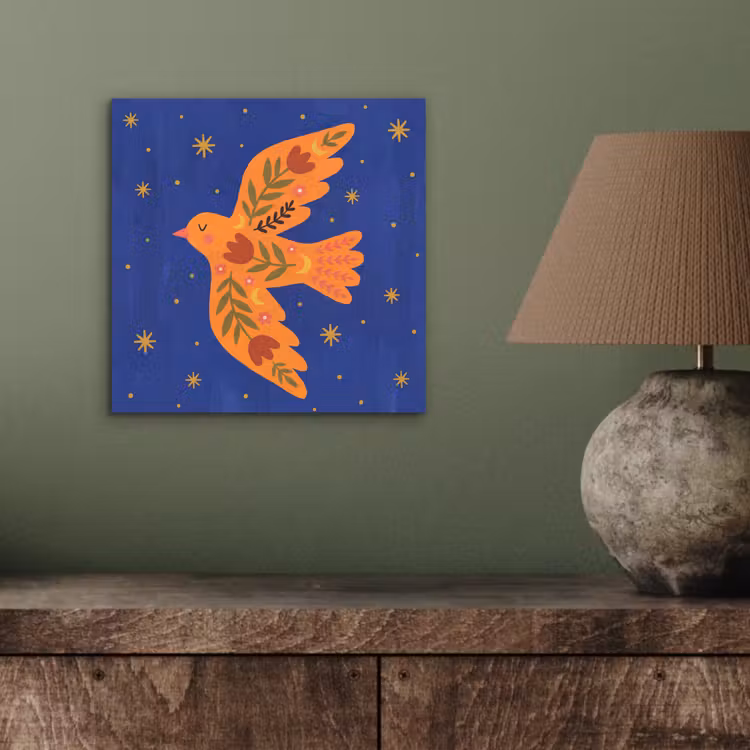 Aluminium schilderij - Vogel - Bloemen - Decoratief - Oranje - Blauw — 3