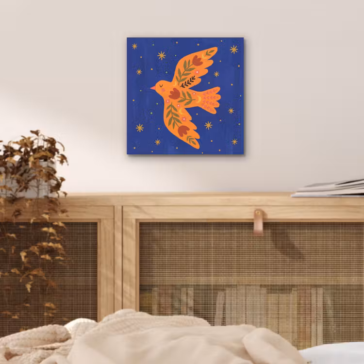 Aluminium schilderij - Vogel - Bloemen - Decoratief - Oranje - Blauw — 4