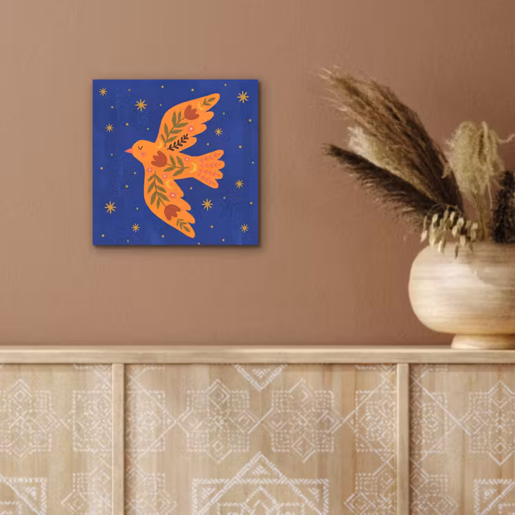 Aluminium schilderij - Vogel - Bloemen - Decoratief - Oranje - Blauw — 5