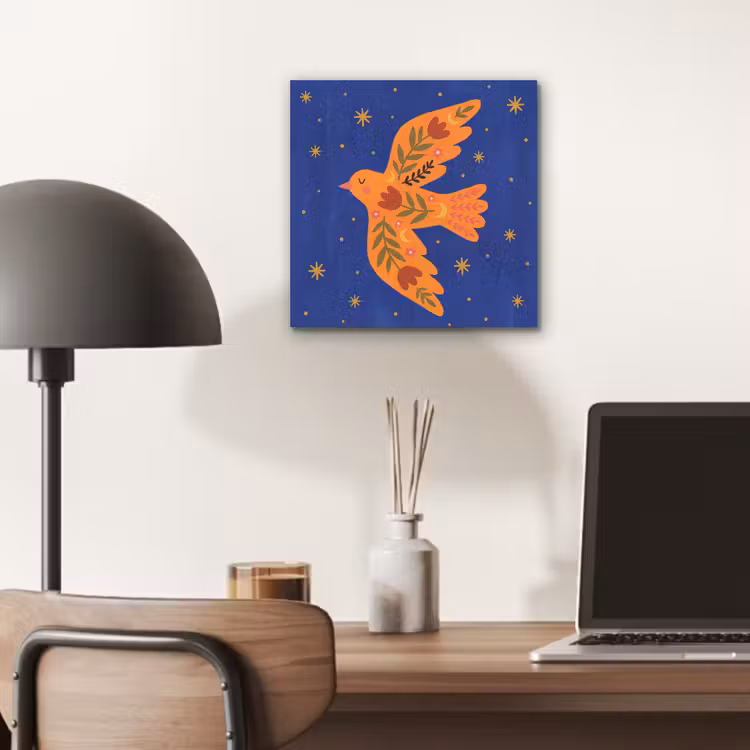 Aluminium schilderij - Vogel - Bloemen - Decoratief - Oranje - Blauw — 6