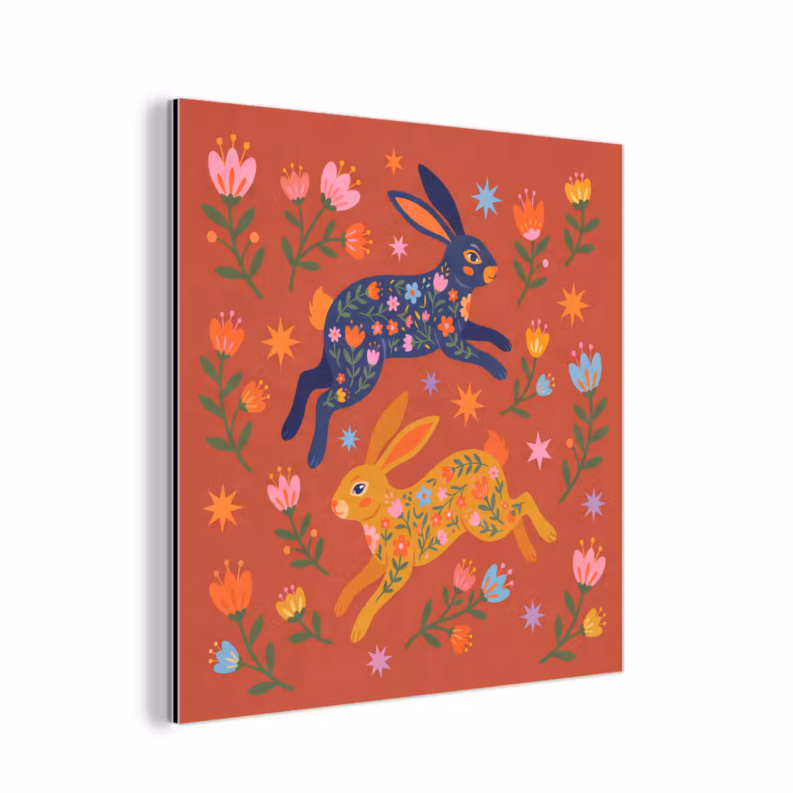 Aluminium schilderij - Konijn - Bloemen - Folk Art - Kleurrijk - Dieren — 1