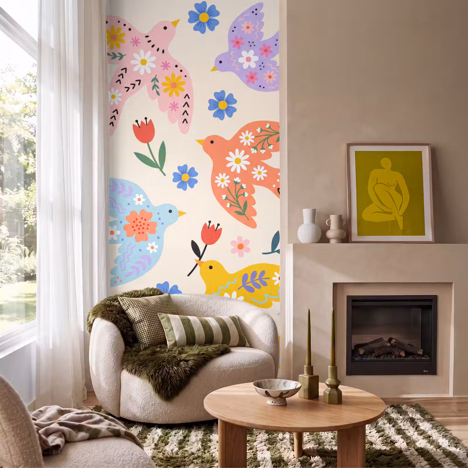 Behang - Vogel - Bloemen - Folk - Kleurrijk - Dieren — 1