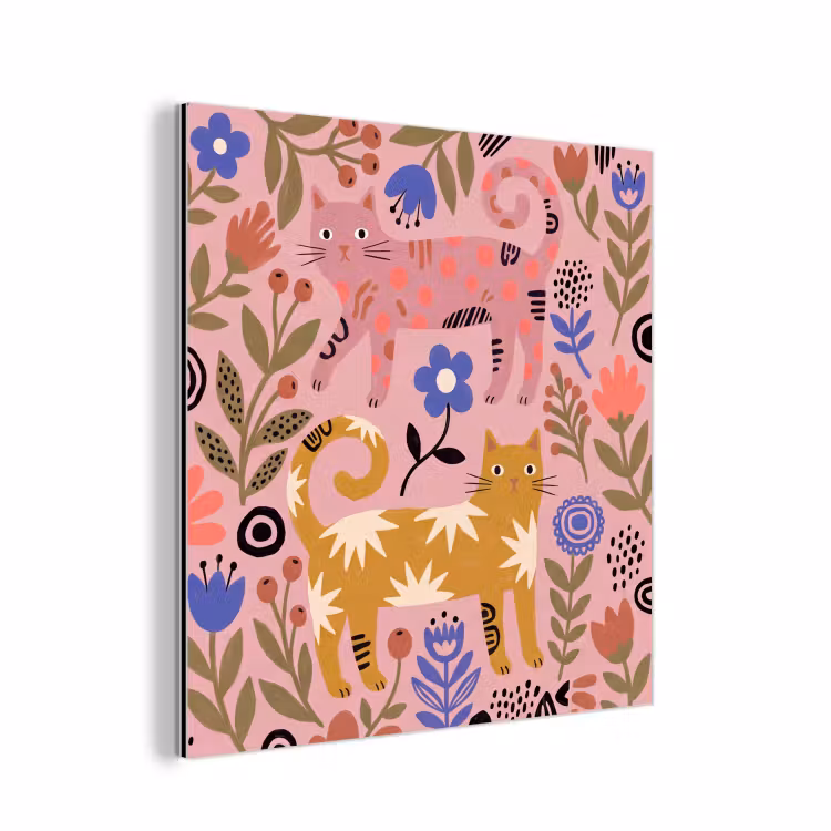Aluminium schilderij - Kat - Bloemen - Dieren - Modern - Roze — 1