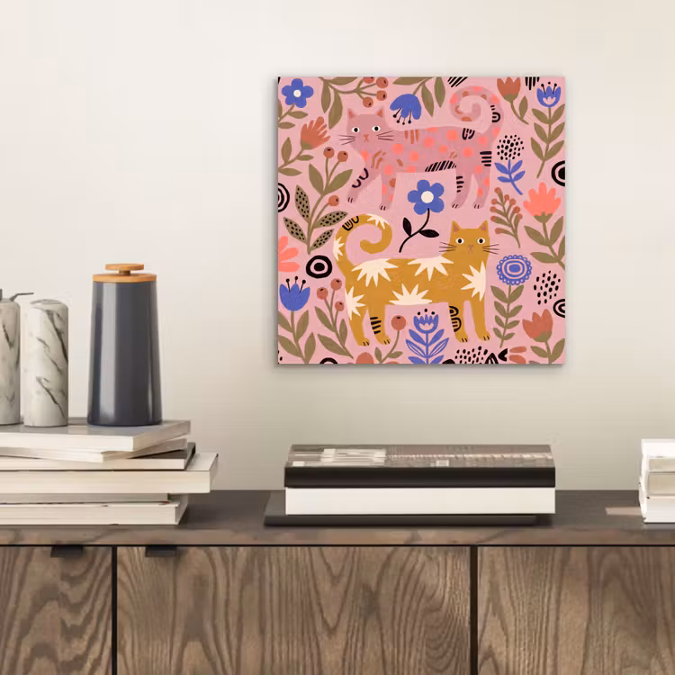 Aluminium schilderij - Kat - Bloemen - Dieren - Modern - Roze — 2