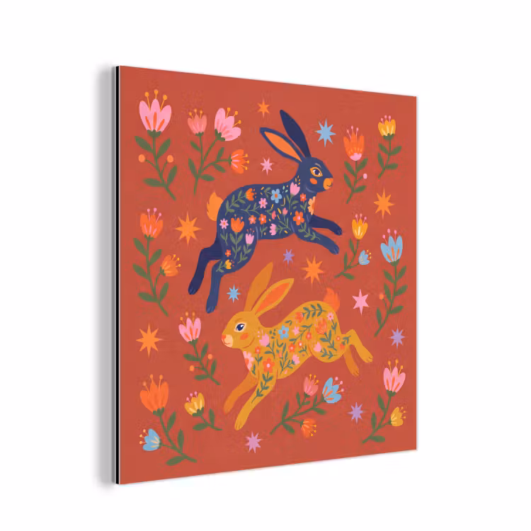 Aluminium schilderij - Konijn - Bloemen - Folk Art - Kleurrijk - Dieren — 1