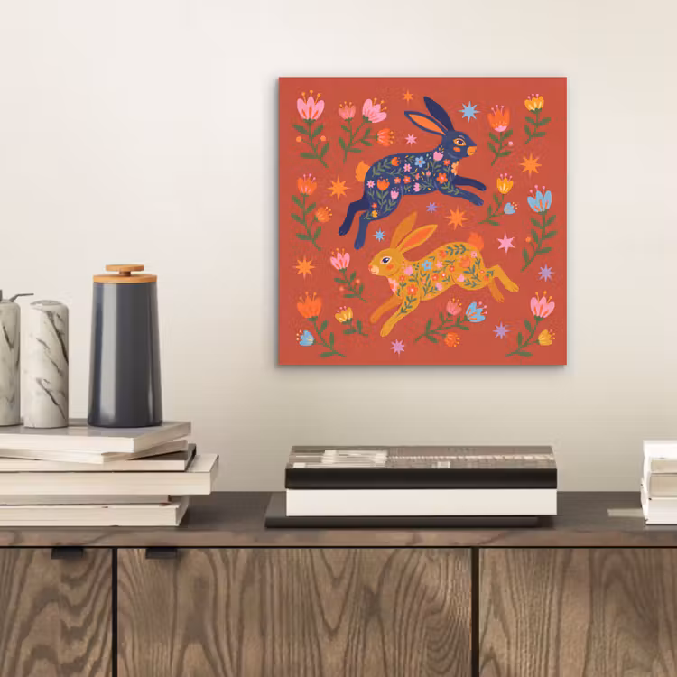 Aluminium schilderij - Konijn - Bloemen - Folk Art - Kleurrijk - Dieren — 2
