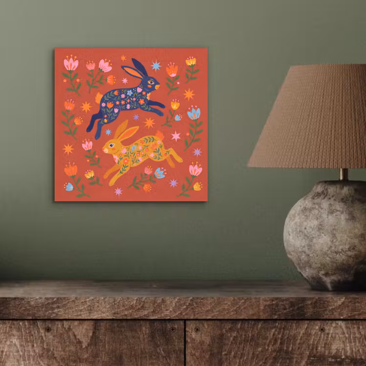 Aluminium schilderij - Konijn - Bloemen - Folk Art - Kleurrijk - Dieren — 3