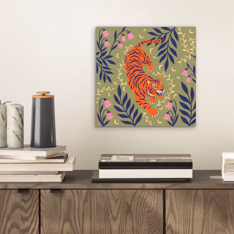 Aluminium schilderij - Tijger - Bladeren - Dieren - Illustratie - Oranje — 2