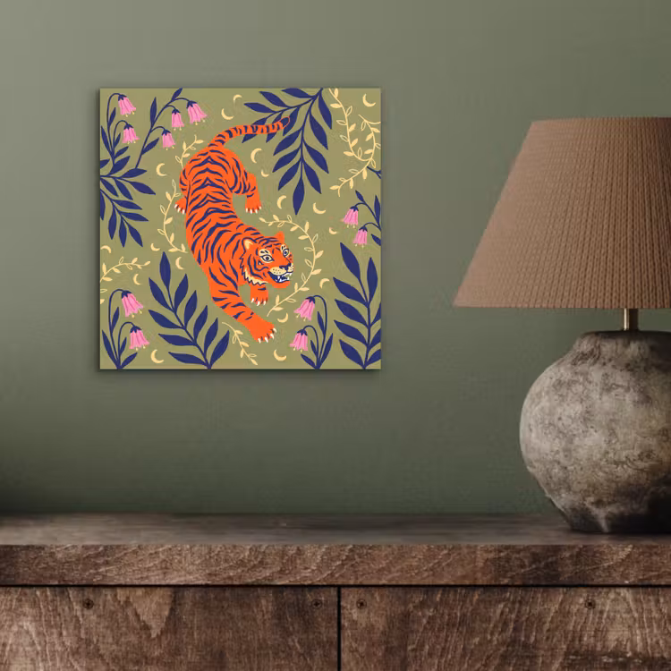 Aluminium schilderij - Tijger - Bladeren - Dieren - Illustratie - Oranje — 3