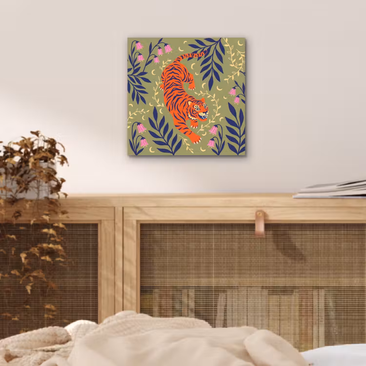 Aluminium schilderij - Tijger - Bladeren - Dieren - Illustratie - Oranje — 4
