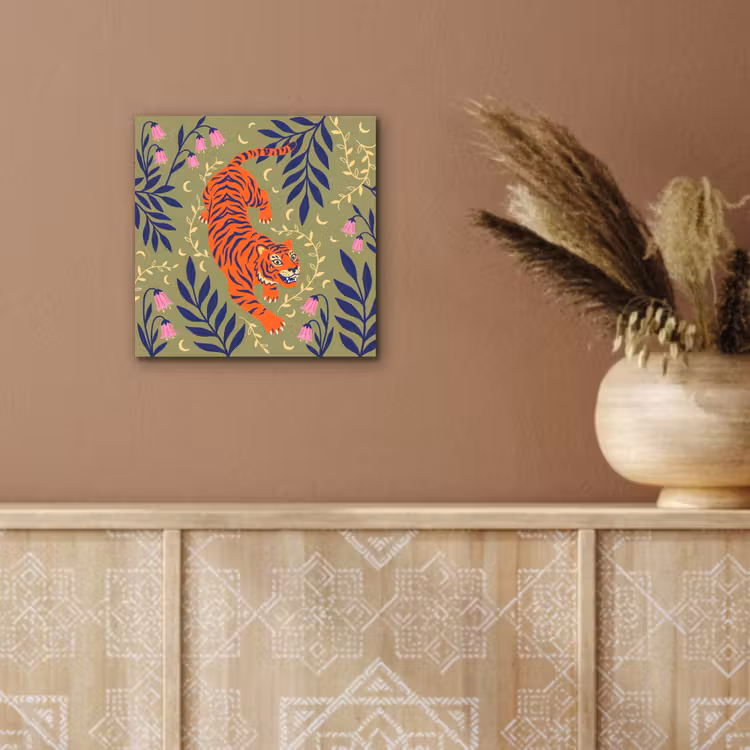 Aluminium schilderij - Tijger - Bladeren - Dieren - Illustratie - Oranje — 5