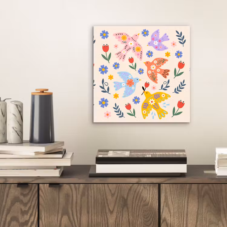 Aluminium schilderij - Vogel - Bloemen - Folk - Kleurrijk - Dieren — 2