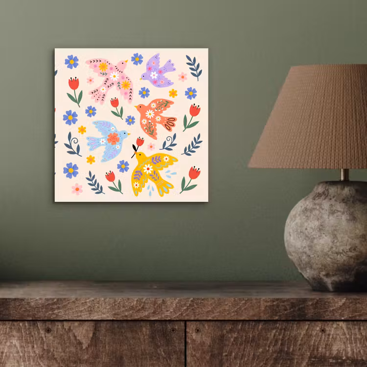 Aluminium schilderij - Vogel - Bloemen - Folk - Kleurrijk - Dieren — 3