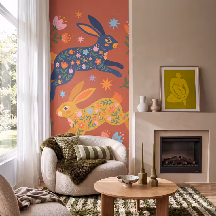 Behang - Konijn - Bloemen - Folk Art - Kleurrijk - Dieren — 1