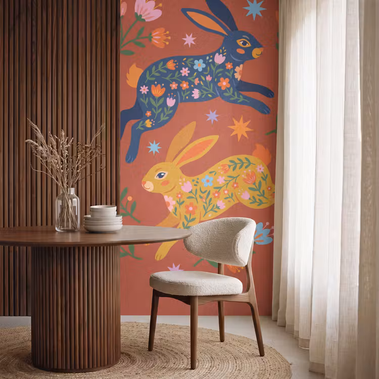 Behang - Konijn - Bloemen - Folk Art - Kleurrijk - Dieren — 4
