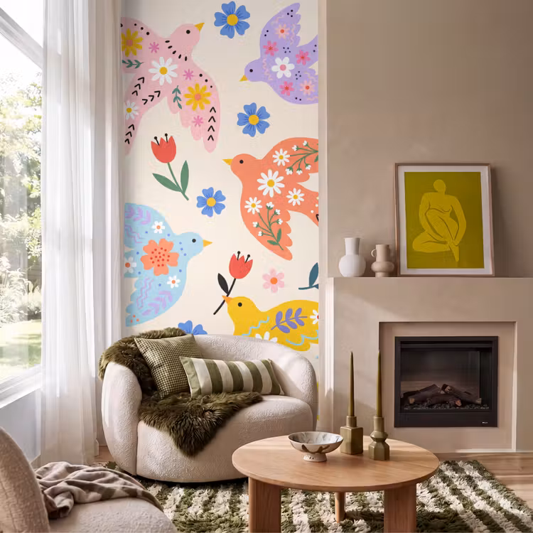 Behang - Vogel - Bloemen - Folk - Kleurrijk - Dieren — 1