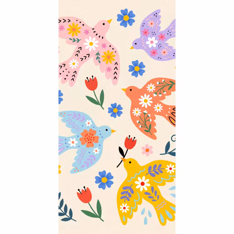 Behang - Vogel - Bloemen - Folk - Kleurrijk - Dieren — 2