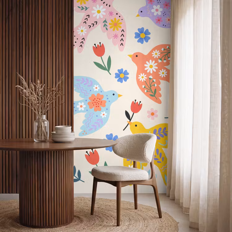 Behang - Vogel - Bloemen - Folk - Kleurrijk - Dieren — 4